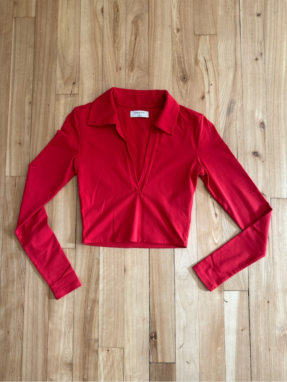 Babaton Red Long-Sleeve Collared Crop Top